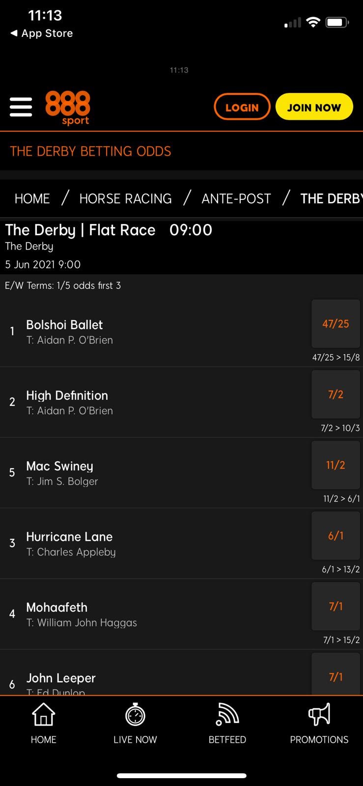 The derby betting odds